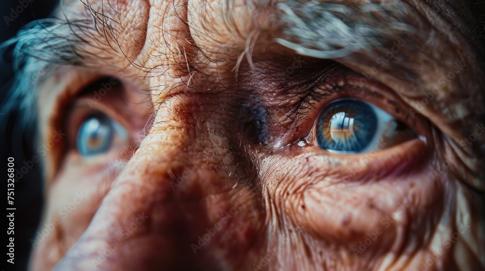 Close-up of a forgetful elderly person's eyes, gazing out with a mix of confusion and sadness, reflecting the emotional impact of dementia Close-up of a forgetful elderly person's eyes, gazing out with a mix of confusion and sadness, reflecting the emotional impact of dementia