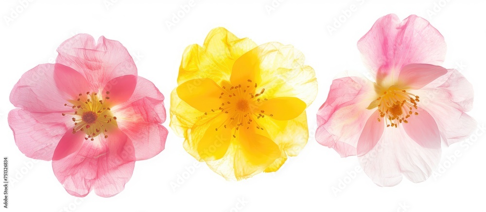 Three distinct flowers in vibrant pink, yellow, and rose colors stand out against a simple white background. The flowers are isolated, showcasing their individual beauty. Three distinct flowers in vibrant pink, yellow, and rose colors stand out against a simple white background. The flowers are isolated, showcasing their individual beauty.