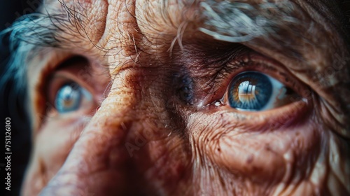 Close-up of a forgetful elderly person's eyes, gazing out with a mix of confusion and sadness, reflecting the emotional impact of dementia photo