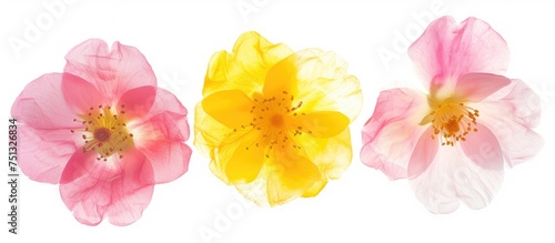 Three distinct flowers in vibrant pink, yellow, and rose colors stand out against a simple white background. The flowers are isolated, showcasing their individual beauty.
