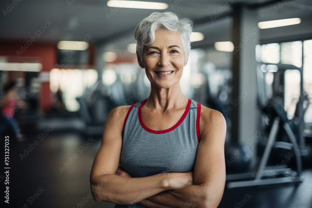 Smiling senior woman training. Athletic older lady exercising cozy home. Generate AI Smiling senior woman training. Athletic older lady exercising cozy home. Generate AI