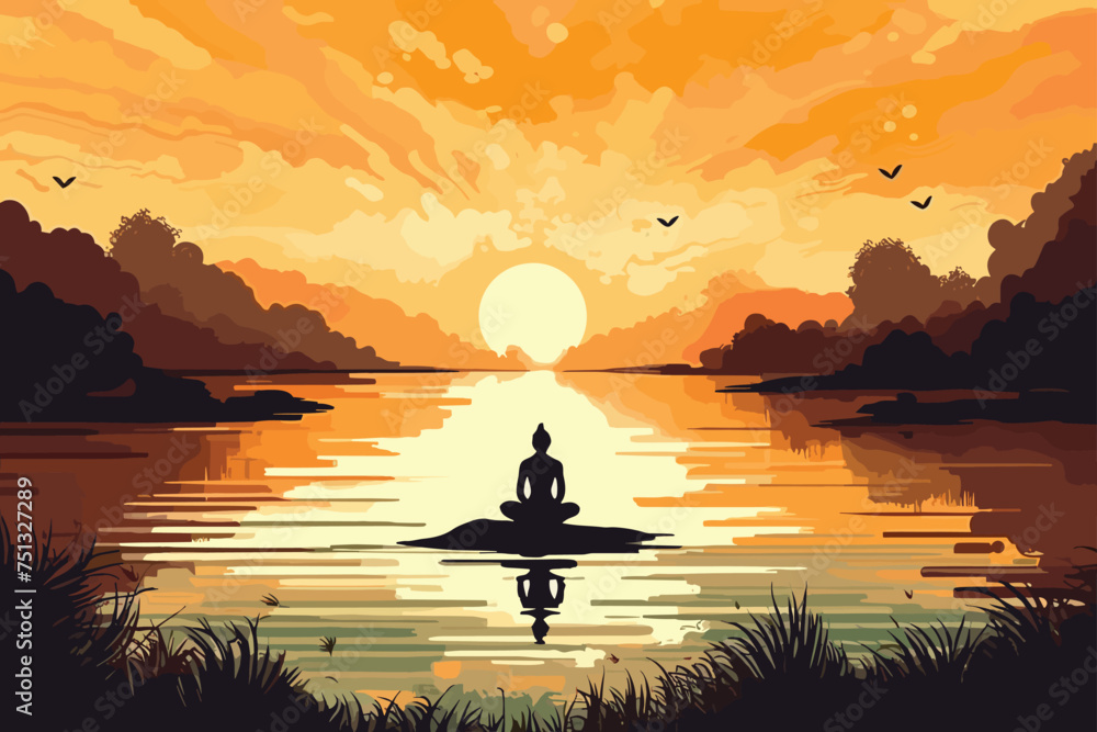 Yoga on the lake illustration vector art painting illustration. Generative AI
