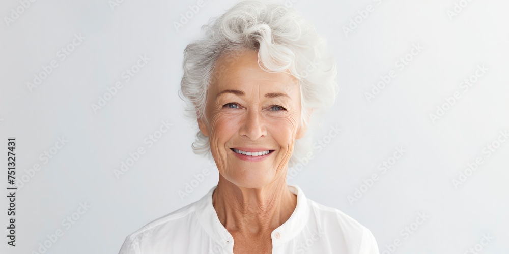 Elegance in Age, Older Woman Radiating Grace Against a Clean White Background