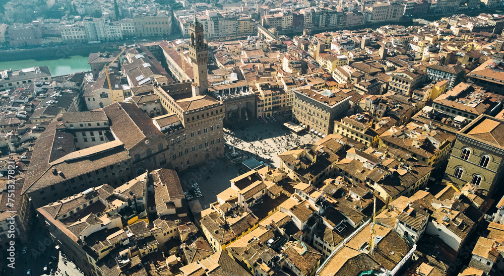 Obraz premium Aerial view of famous tower and Palazzo Vecchio square and Florence cityscape, Italy. High quality photo