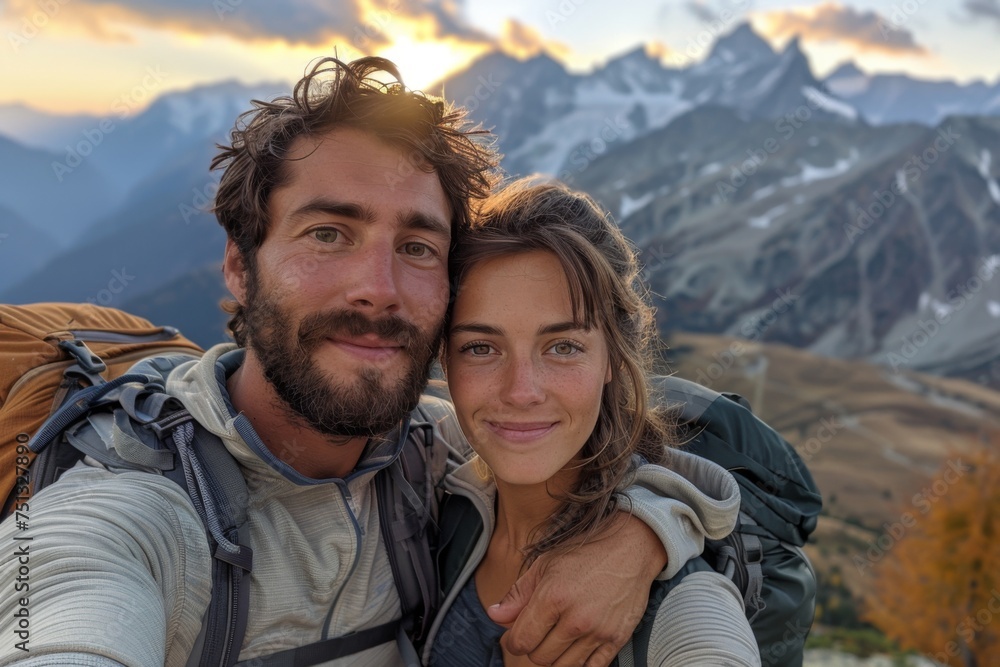 A fit couple in sportswear pausing their mountain hike to take a selfie, with a panoramic view of the peaks behind them