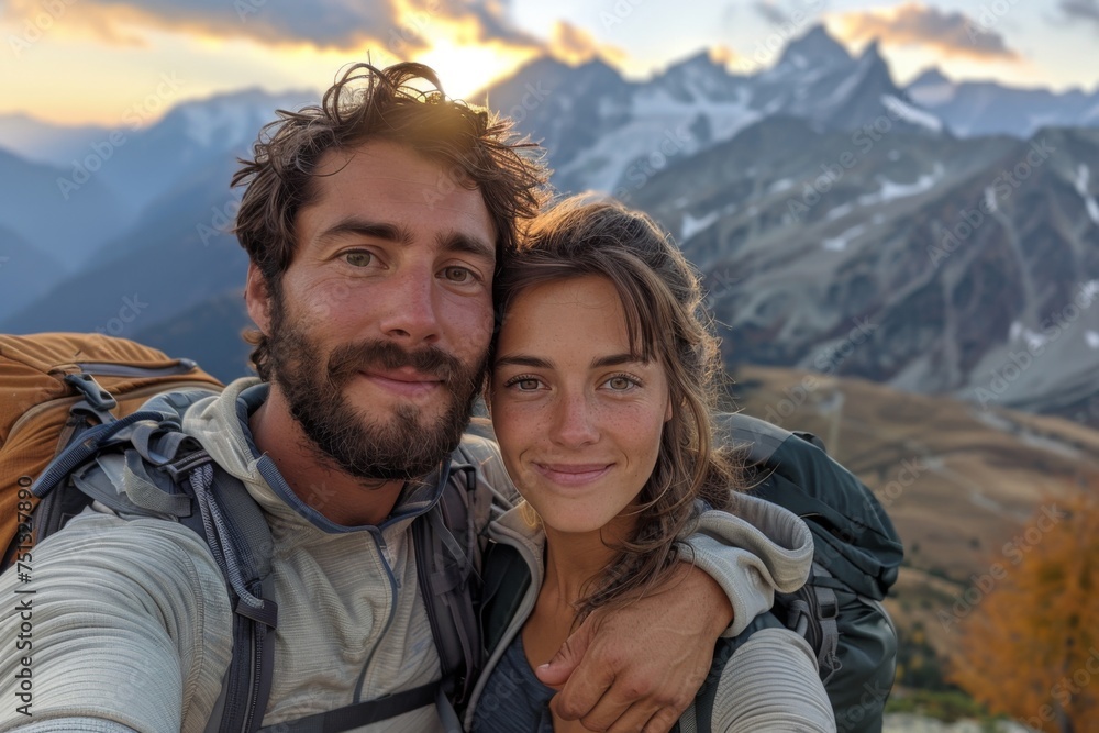 A fit couple in sportswear pausing their mountain hike to take a selfie, with a panoramic view of the peaks behind them A fit couple in sportswear pausing their mountain hike to take a selfie, with a panoramic view of the peaks behind them