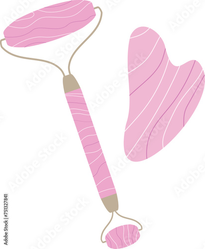 Rose quartz roller and Gua sha stone for face and body massage treatment isolated in white background. Home beauty skin routine