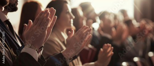 Audience clapping hands at a corporate event in a show of appreciation. photo