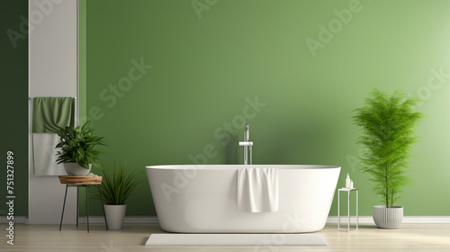 Minimalist Bathroom with Free-Standing Tub and Green Walls Featuring Indoor Plants