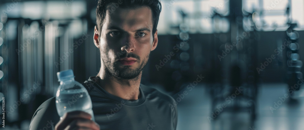 Focused athlete contemplating with water bottle in gym. - obrazy, fototapety, plakaty 