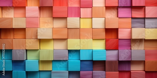 Colorful wooden blocks aligned. Wide format.