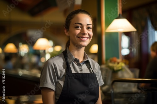 Patient Smiling waitress cafe. Face cafe person pretty public. Generate AI