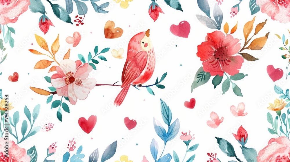 Beautiful bright illustration with amazing, watercolor flowers, cute birds, hearts and leaves. Unreal cute illustration for design fabrics, clothing and covers phone.