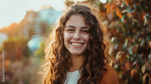 Close-up portrait of a beautiful young woman with long, curly hair smiling happily.