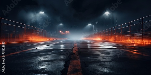 Midnight basement parking area or underpass alley. Wet, hazy asphalt with lights on sidewalls. crime, midnight activity concept.