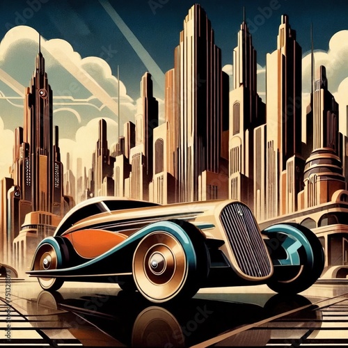 Retromodern car in the city, art deco vintage illustration