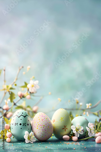 pastel Easter eggs and flowers on a blue background, Easter background, space for text
