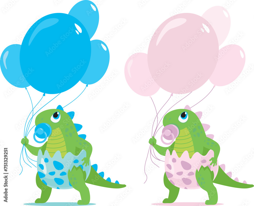 Naklejka premium Cute baby girl and boy dinosaur characters holding colorful balloons for baby shower and gender reveal party.