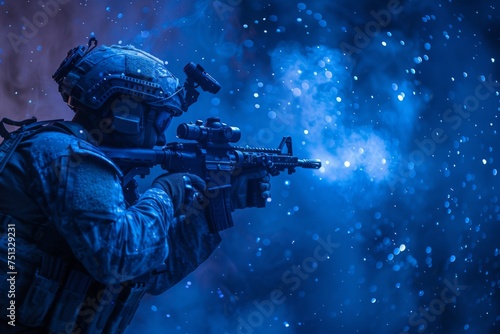 A special forces soldier dressed in camouflage and tactical equipment, wearing a helmet and night vision goggles, holds a machine gun in his hands, stands ready photo