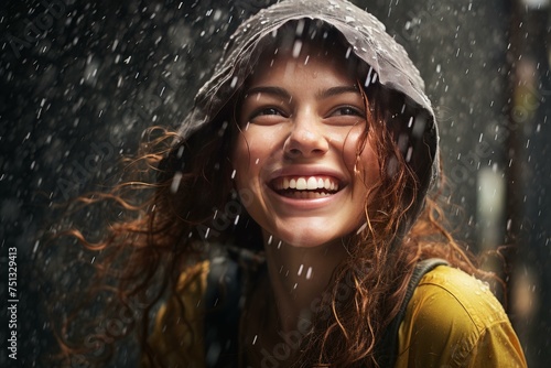 Smiling woman rain. Dance coat. Generate Ai © juliars