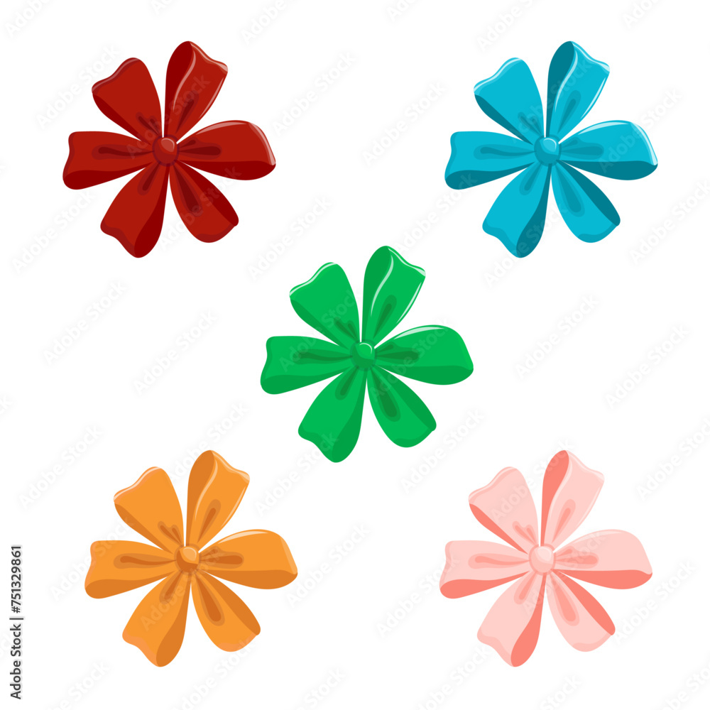 Obraz premium Gift bows made of ribbons. Festive decoration, packaging, sale invitation elements, birthday, Valentine's Day or wedding decoration. A symbol of a surprise gift for the anniversary of the holiday