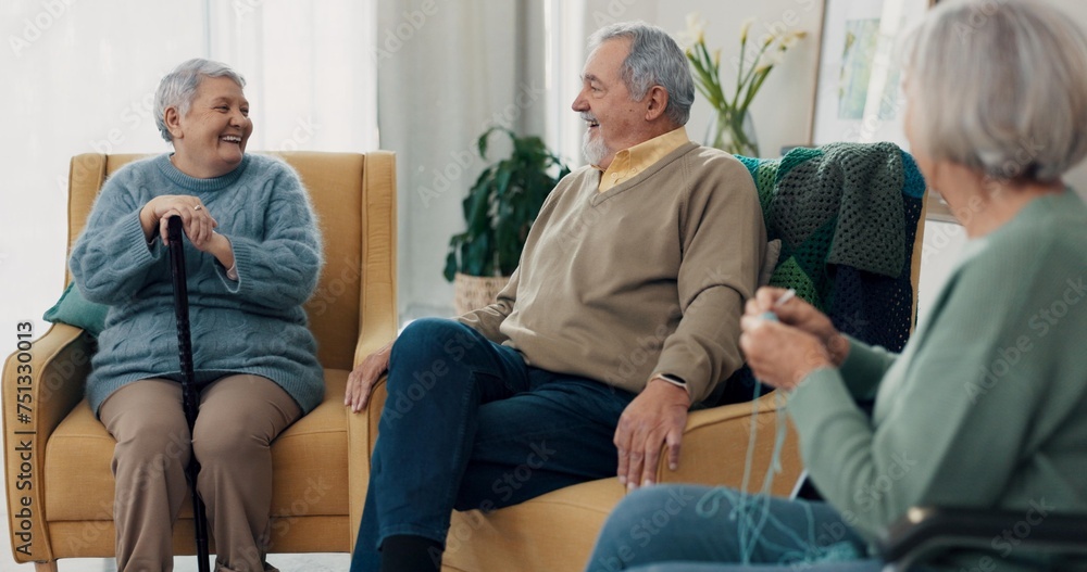 Conversation, happy and senior friends in living room of nursing home for communication. Smile, discussion and group of elderly people in retirement talking, bonding and relaxing in lounge at house. Conversation, happy and senior friends in living room of nursing home for communication. Smile, discussion and group of elderly people in retirement talking, bonding and relaxing in lounge at house.