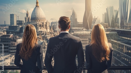 Backview double business man with women on a cityscape