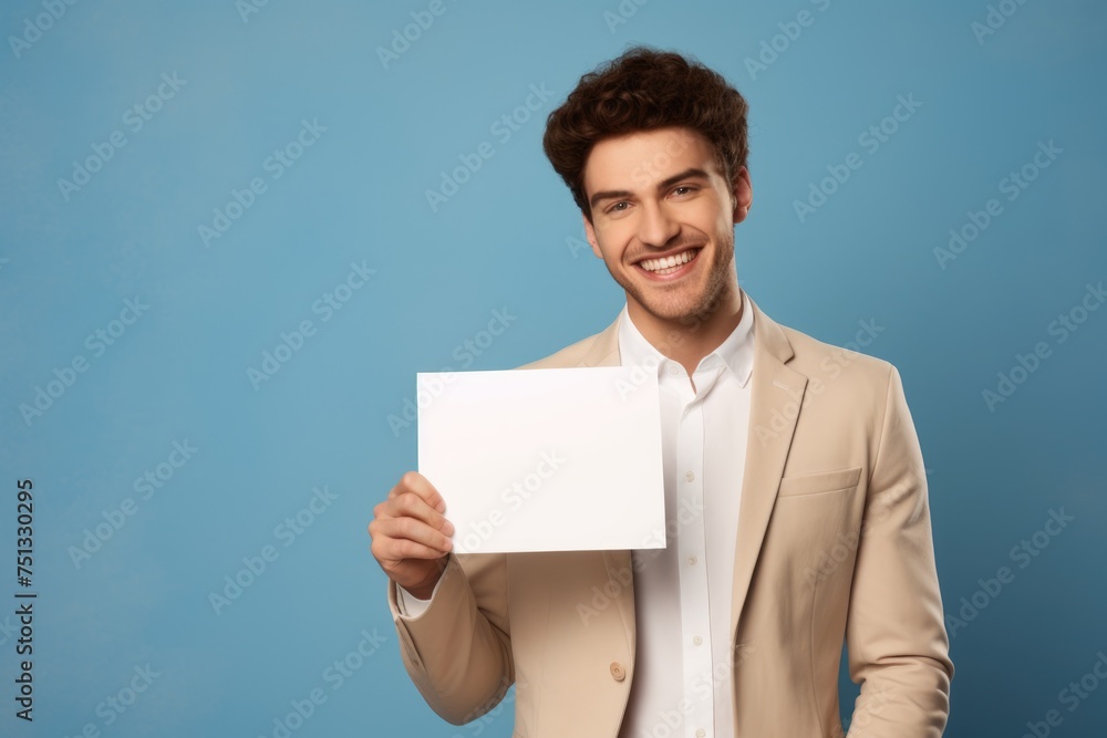smiling man holding a blank placard sign poster paper in his hands smiling man holding a blank placard sign poster paper in his hands
