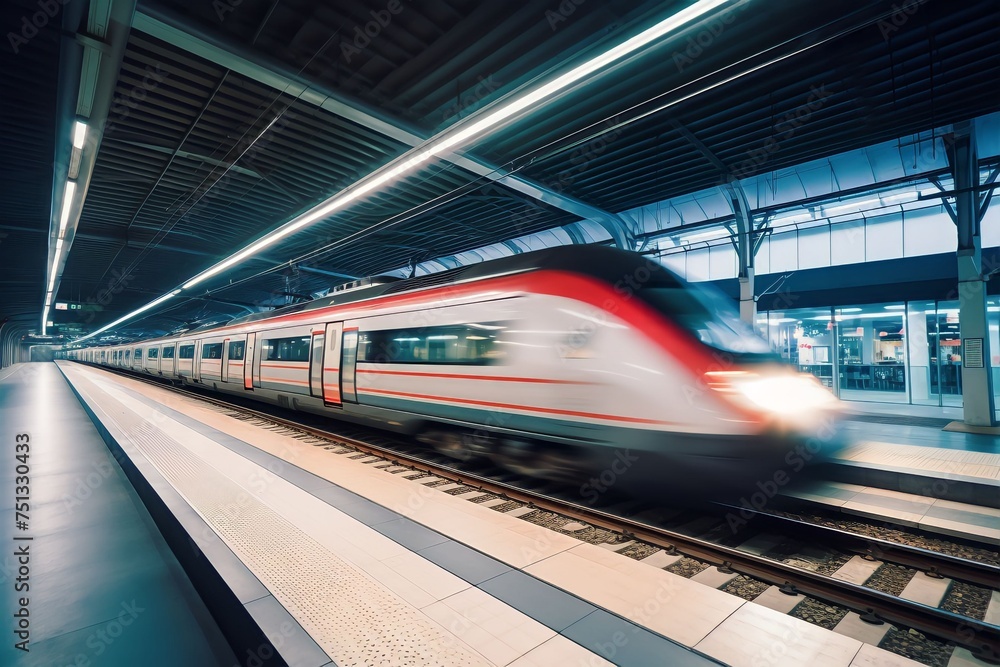 Fototapeta premium High-speed fast train passenger locomotive in motion at the railway station