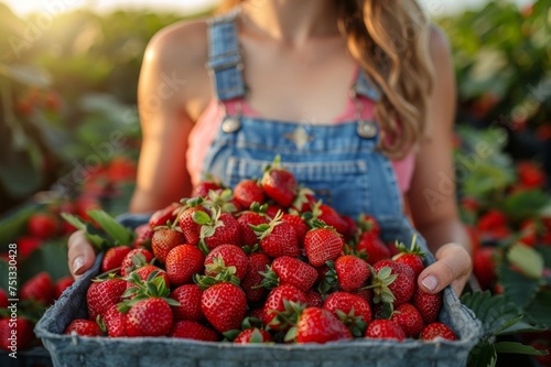 A young woman holds a box of freshly picked strawberries, the bright red berries contrasting with her denim overalls as the sun sets over a patch of strawberries behind her. harvest.