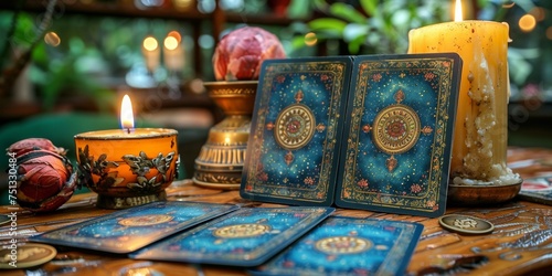 Fortune telling cards lie on a wooden table with candles, symbolizing spirituality.