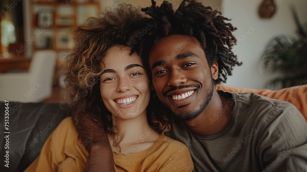 Cheerful Multiracial Couple Relaxing on Sofa in Living Room, Radiating Love and Happiness with Relaxed, Loving Expressions