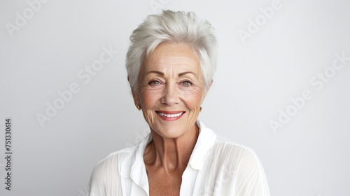 Elegance in Age  Older Woman Radiating Grace Against a Clean White Background