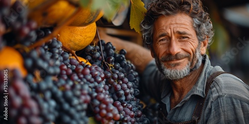 Caucasian senior farmer smiles while looking at ripe grapes during autumn harvest in a vineyard.