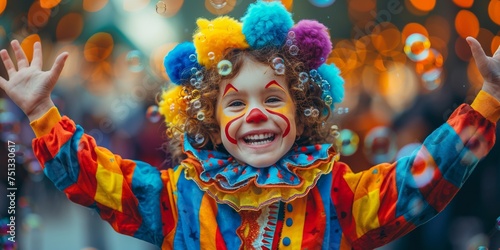 A colorful portrait of a child clown, combining fun and humor with a touch of sadness.