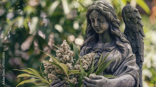 Surreal Serenity, Statue of a Beautiful Angel Embracing Marijuana Nuggets, Blending Artistic Contrasts