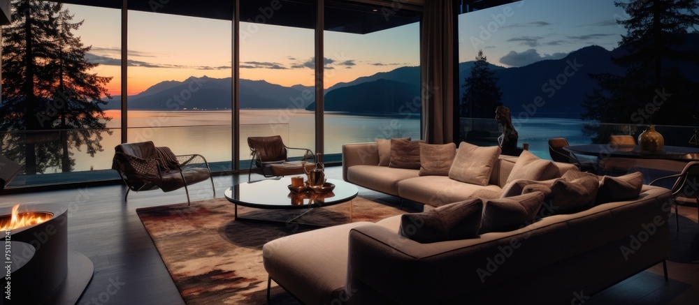The living room is filled with sleek furniture and a cozy fireplace. The space is elegant and stylish, with a stunning view visible from the window.
