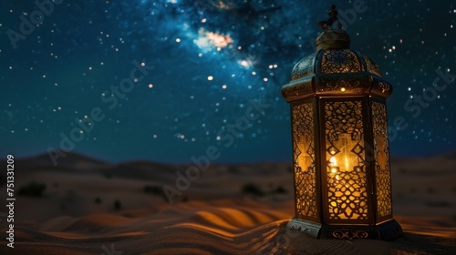 A Ramadan lantern in the desert at night  illustrated