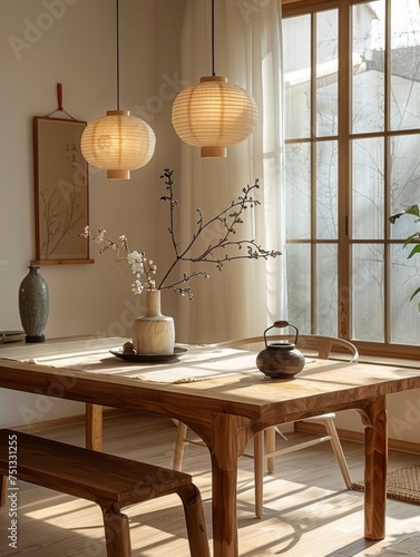 dining room with furniture and lighting on a white background, in the style of japanese-inspired, light brown and light beige