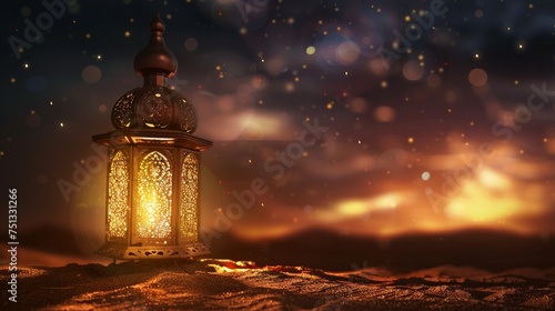 A Ramadan lantern in the desert at night, surrounded by a luminous atmosphere, illustrated