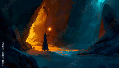 A digital illustration of a female adventurer exploring a mysterious cave holding a torch aloft as Generative AI