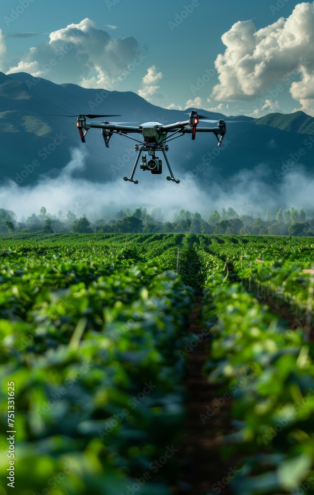An aerial drone lands in a field, next to a crop plantation, industrial photography An aerial drone lands in a field, next to a crop plantation, industrial photography