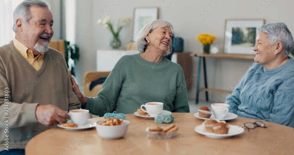Fototapeta premium Discussion, coffee and senior friends in living room of nursing home for communication. Smile, conversation and group of elderly people in retirement talking, bonding and drinking cappuccino at house