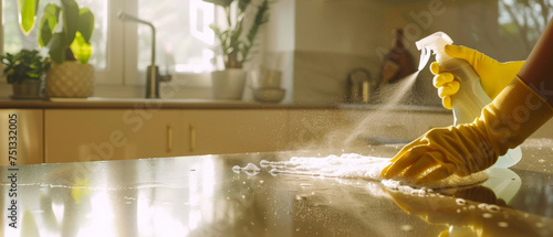 Hand in yellow glove cleaning kitchen counter with spray and sponge, hygiene focus. photo