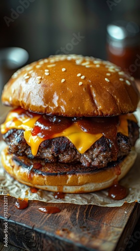 burger with dripping cheese and barbecue sauce