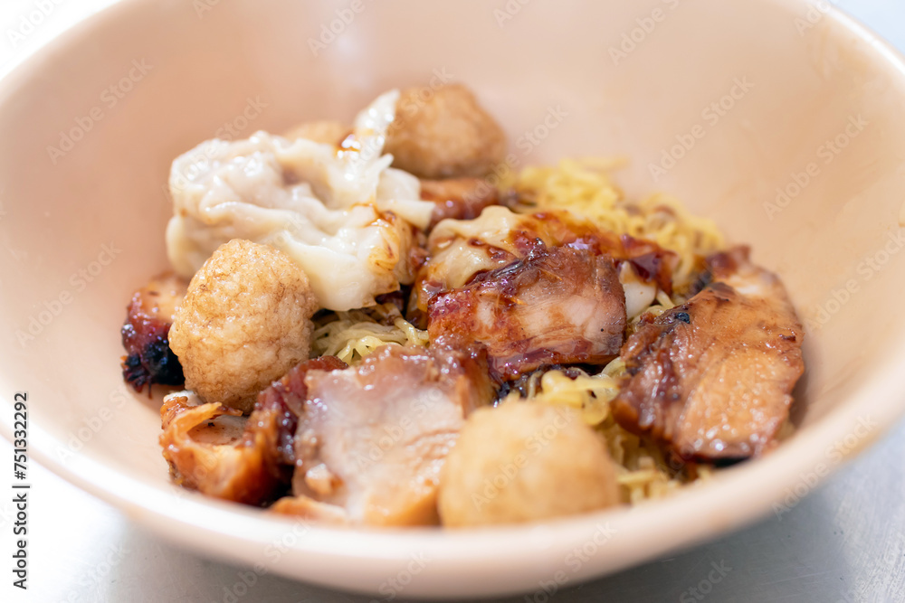 Egg chinese noodles and dumpling with roast red pork and shimp ball. Egg chinese noodles and dumpling with roast red pork and shimp ball.