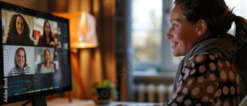 Illuminated by screens, a woman engages in a virtual meeting, a glimpse of modern connectivity.