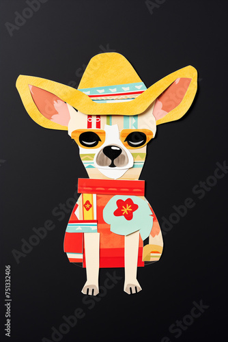 Cartoon Chihuahua dog wearing Mexican sombrero, in collage art style