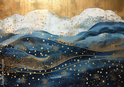 Abstract painting of blue & white sky and clouds, with golden touches