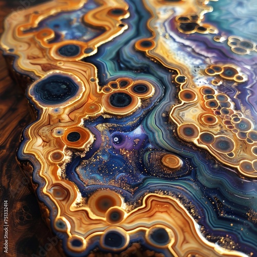 slab, picture jasper design, close-up. multi color, blue, purple, gold, some glow, some dark , webs of cells, some translucence